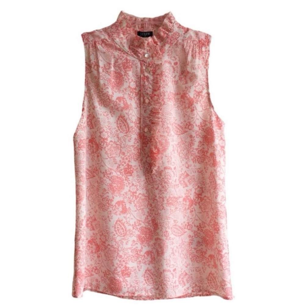 J. Crew Pink Ruffled Sleeveless Floral Blouse with Mandarin Collar